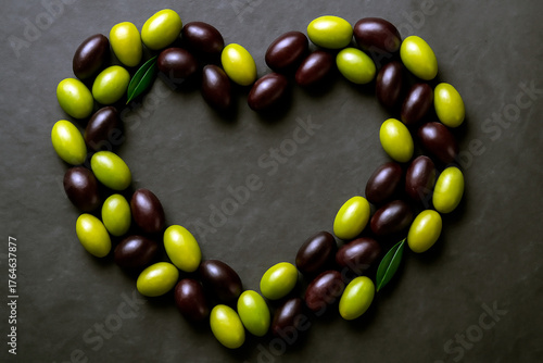 Green and black olives form a heart shape on a dark background. Minimalist food photo showcasing healthy eating and Mediterranean cuisine