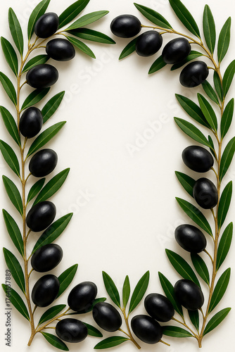 A frame of black olives on branches with green leaves on a white background. Elegant food photography with space for text in the center.