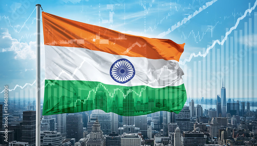 Indian flag waving against a cityscape backdrop with financial charts, symbolizing indias economic growth and national identity