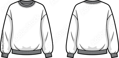 Crewneck sweatshirt flat fashion cad technical drawing front and back view for clothing design template, cad drawing flat vector illustration