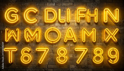 Fototapeta Naklejka Na Ścianę i Meble -  Neon letters and numbers on a brick wall