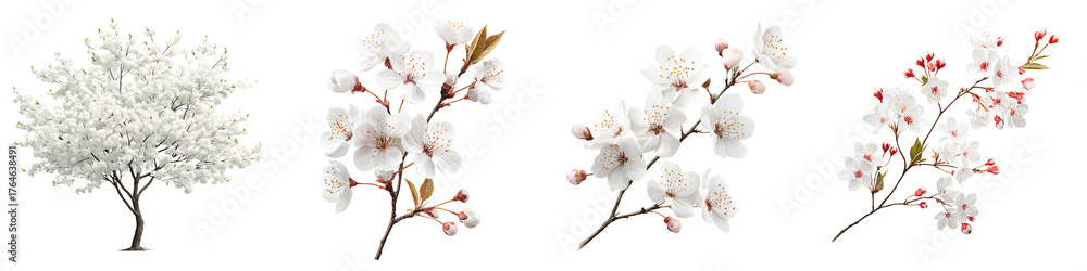 Fototapeta premium Cherry Blossom Tree & Branches - Spring Blossom Isolated on White Background