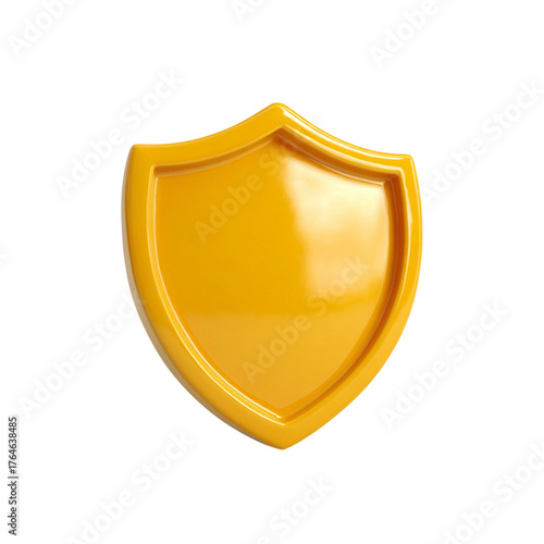 Shiny gold shield emblem, glossy metallic security concept, on transparent background