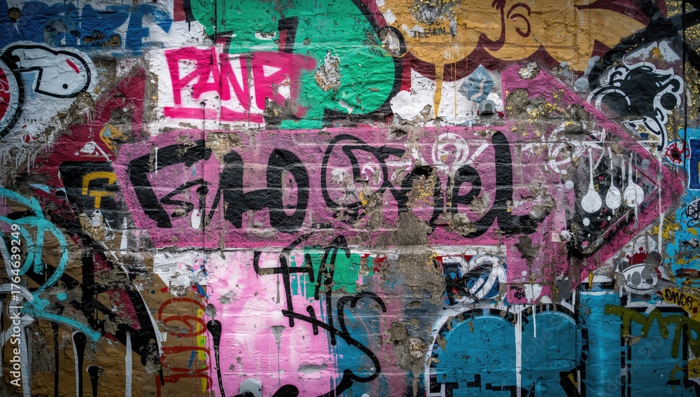 Fototapeta premium Graffiti-covered wall featuring an arrow sign on a street surface