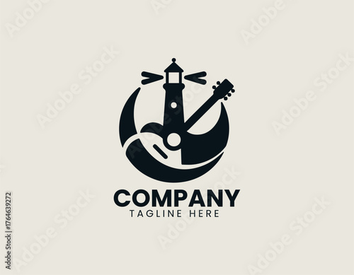 Lighthouse combined with guitar silhouette in creative coastal vector logo design illustration