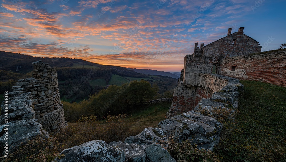 Fototapeta premium Ruins of an ancient fortress at sunset with vibrant colors, showcasing historic architecture and stone structures, perfect for travel and photography enthusiasts.
