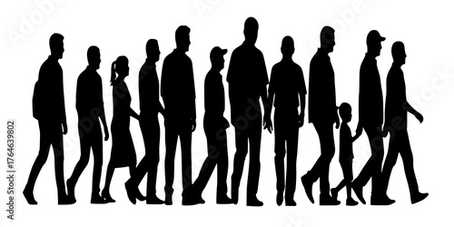 Diverse Group Walking Silhouette - Vector of Multi-Ethnic People in Simple Bold Minimalist Style