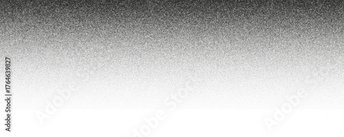 Gritty and noise gradient background. Overlay template with grainy texture and abstract dotwork. Monochrome spray effect with stipple, glitter, and dust particles
