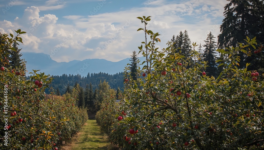 Fototapeta premium Orchard of apples set against a backdrop of misty hills.