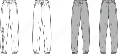Men’s jogger sweatpants technical flat sketch, casual sportswear fashion cad drawing flat vector illustration, clothing design front and back view