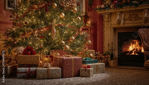 Presents beneath the holiday tree with a stuffed bear and wrapped packages, symbolizing a warm and festive home celebration
