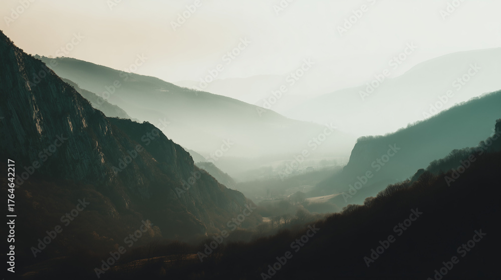 Fototapeta premium echoing. Sound waves echoing between canyon walls in a misty valley, wide landscape view. travel magazines, destination branding, designed for outdoor magazines and nature guides.