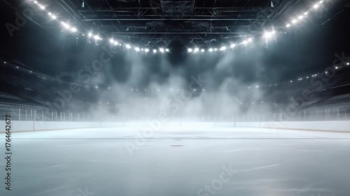 A serene ice hockey arena illuminated by bright spotlights, showcasing a smooth ice surface and a foggy atmosphere, setting the stage for an exciting game or event