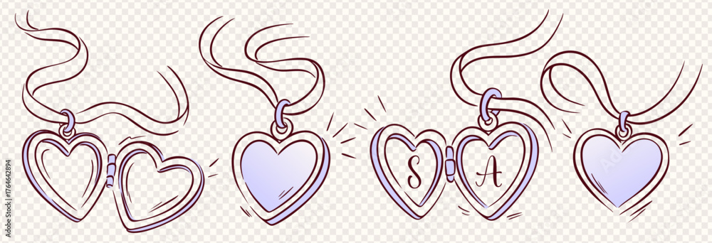 Ταπετσαρία Locket heart bow love coquette line ribbon vector bundle with charm necklace doodles