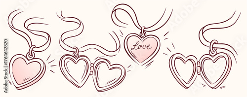Locket heart bow love coquette line ribbon illustration set with vintage pink jewelry elements. Coquette locket collection for valentine, bachelorette, cute vector pendant and romantic design.