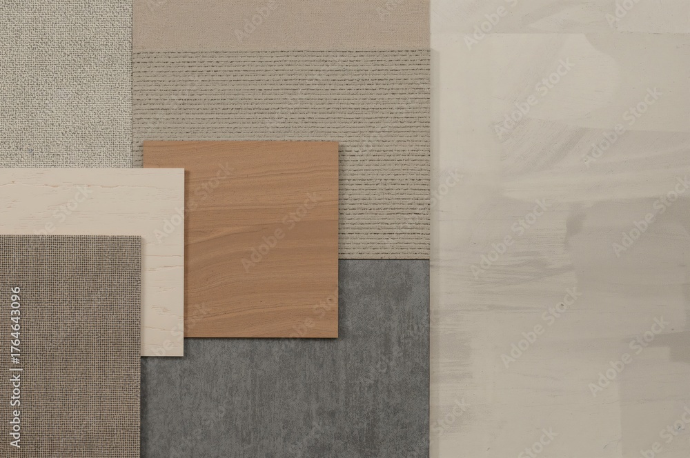 Fototapeta premium Top-down view of a chic flat arrangement featuring neutral textile and paint swatches alongside panels and tiles. Creative moodboard with ample copy space.