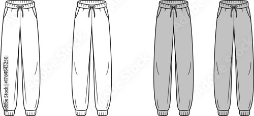 Men’s jogger pants front and back view, casual sportswear fashion design cad drawing flat vector illustration, garment template pattern