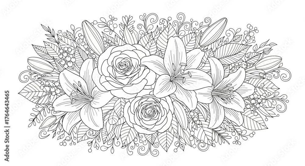 Fototapeta premium Symmetrical Floral Arrangement – Intricate Botanical Line Art with Roses and Lilies
