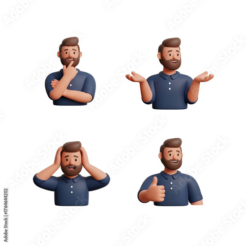 3d icon of man in four poses thinking, confused, stressed, and thumbs up isolated on transparent background
