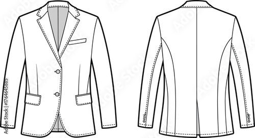 Men’s formal blazer front and back view, fashion apparel technical CAD drawing flat vector illustration, clothing template for designers