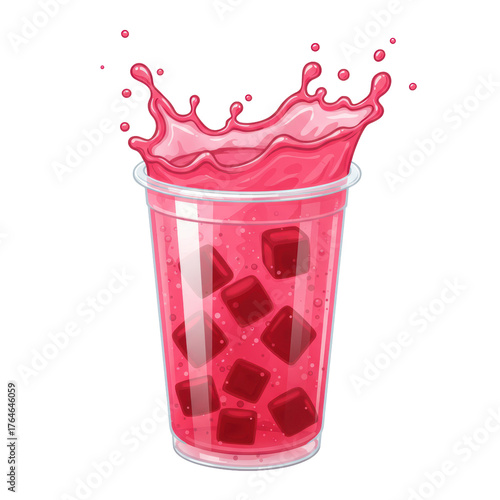 A clear plastic cup with bright pink juice and dark red square jelly pieces, playful pink liquid splashes, on a transparent background with copy space. Concept for sweet beverage advertising