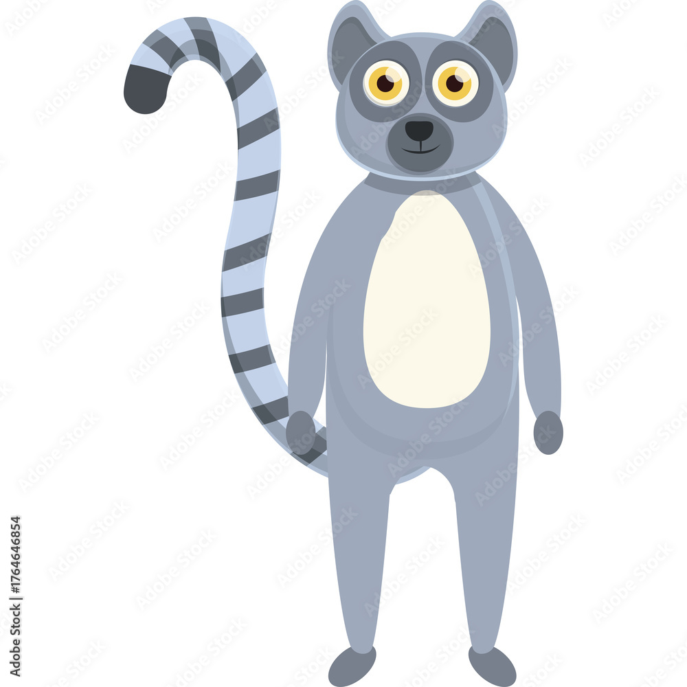 Obraz premium Cartoon Ring Tailed Lemur Standing Full Body On Transparent Background Simple Flat Design Style