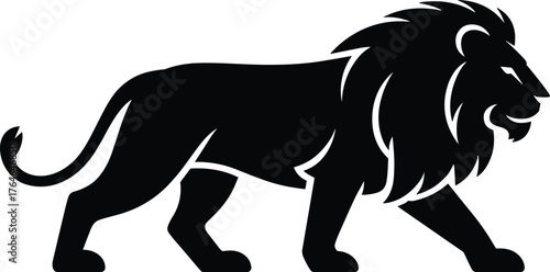 Black silhouette of a walking lion with a mane animal