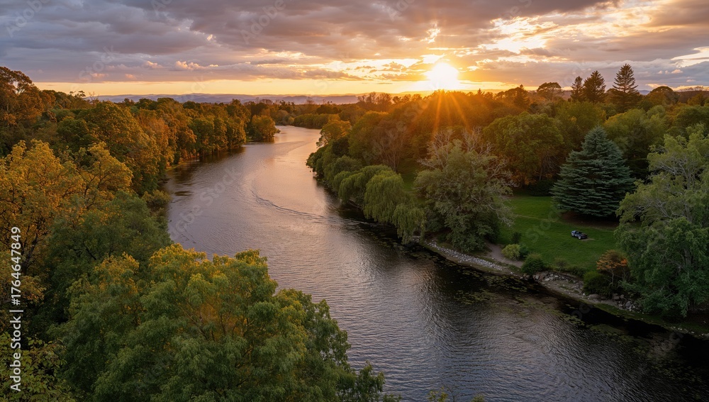 Obraz premium River view during sunset with trees and natural landscape