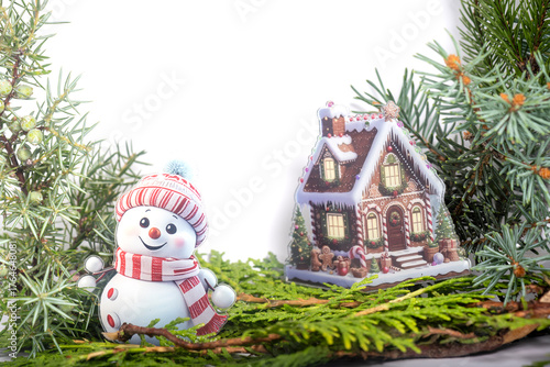 Christmas landscape with gifts and snow. Merry christmas and happy new year .