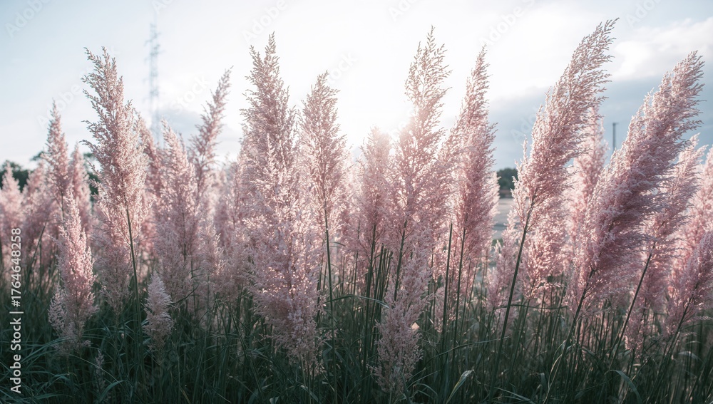 Fototapeta premium Sunlit ornamental grass with soft purple plumes glowing warmly in the light