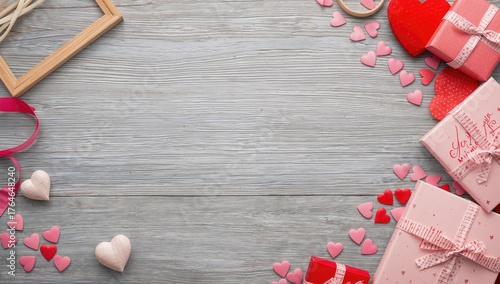 Greeting card for Valentine's featuring hearts and presents on a rustic gray wooden surface, flat lay style