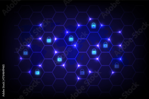 Digital world map with glowing locks representing global cybersecurity, data protection, and secure network connections