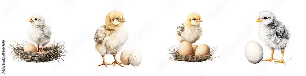 Fototapeta premium Cute Baby Chicks with Eggs - Easter Spring Concept