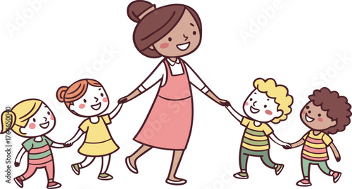 Vektor Illustration einer Lehrerin mit Schulklasse. a happy teacher standing with a diverse group of cheerful children holding hands in a row. The teacher is in the center wearing a pink dress,