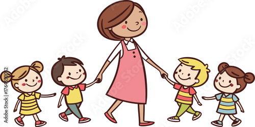 Vektor Illustration einer Lehrerin mit Schulklasse. a happy teacher standing with a diverse group of cheerful children holding hands in a row. The teacher is in the center wearing a pink dress,