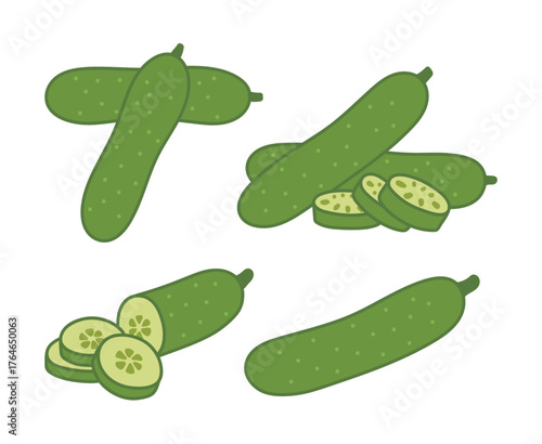 A clean, flat vector set of fresh cucumbers, whole or in various slices. Ideal for healthy eating, dieting, vegetables, cooking, organic produce, and summer recipes.