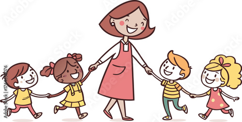 Vektor Illustration einer Lehrerin mit Schulklasse. a happy teacher standing with a diverse group of cheerful children holding hands in a row. The teacher is in the center wearing a pink dress,