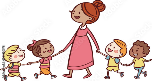 Vektor Illustration einer Lehrerin mit Schulklasse. a happy teacher standing with a diverse group of cheerful children holding hands in a row. The teacher is in the center wearing a pink dress,