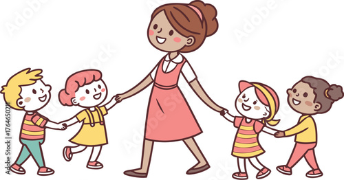 Vektor Illustration einer Lehrerin mit Schulklasse. a happy teacher standing with a diverse group of cheerful children holding hands in a row. The teacher is in the center wearing a pink dress,