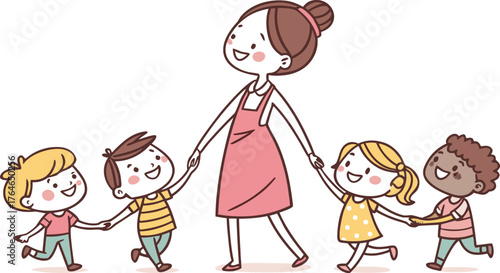 Vektor Illustration einer Lehrerin mit Schulklasse. a happy teacher standing with a diverse group of cheerful children holding hands in a row. The teacher is in the center wearing a pink dress,