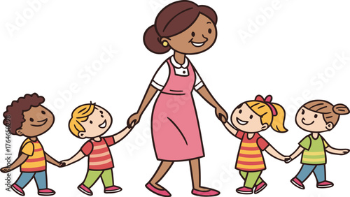Vektor Illustration einer Lehrerin mit Schulklasse. a happy teacher standing with a diverse group of cheerful children holding hands in a row. The teacher is in the center wearing a pink dress,