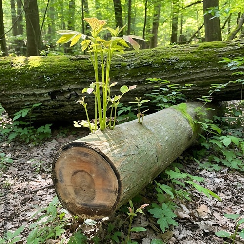 New growth sprouts from a fallen log in a sunlit forest
