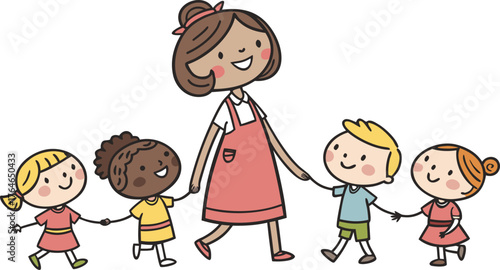 Vektor Illustration einer Lehrerin mit Schulklasse. a happy teacher standing with a diverse group of cheerful children holding hands in a row. The teacher is in the center wearing a pink dress,
