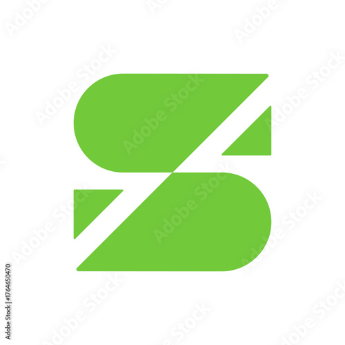 Letter S logo in green geometric shape with diagonal cut representing eco technology and sustainable business.