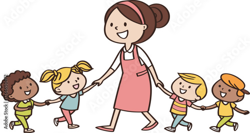 Vektor Illustration einer Lehrerin mit Schulklasse. a happy teacher standing with a diverse group of cheerful children holding hands in a row. The teacher is in the center wearing a pink dress,
