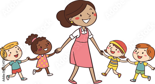 Vektor Illustration einer Lehrerin mit Schulklasse. a happy teacher standing with a diverse group of cheerful children holding hands in a row. The teacher is in the center wearing a pink dress,
