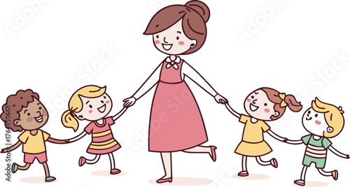 Vektor Illustration einer Lehrerin mit Schulklasse. a happy teacher standing with a diverse group of cheerful children holding hands in a row. The teacher is in the center wearing a pink dress,