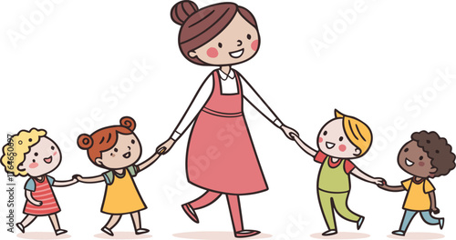 Vektor Illustration einer Lehrerin mit Schulklasse. a happy teacher standing with a diverse group of cheerful children holding hands in a row. The teacher is in the center wearing a pink dress,