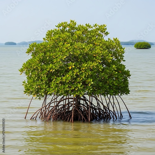 A single mangrove tree with exposed roots in calm water