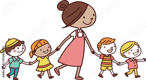 Vektor Illustration einer Lehrerin mit Schulklasse. a happy teacher standing with a diverse group of cheerful children holding hands in a row. The teacher is in the center wearing a pink dress,